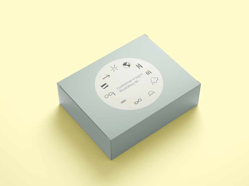 Visar grå ask med "Customer Insight Workshop kit" tryckt på locket.